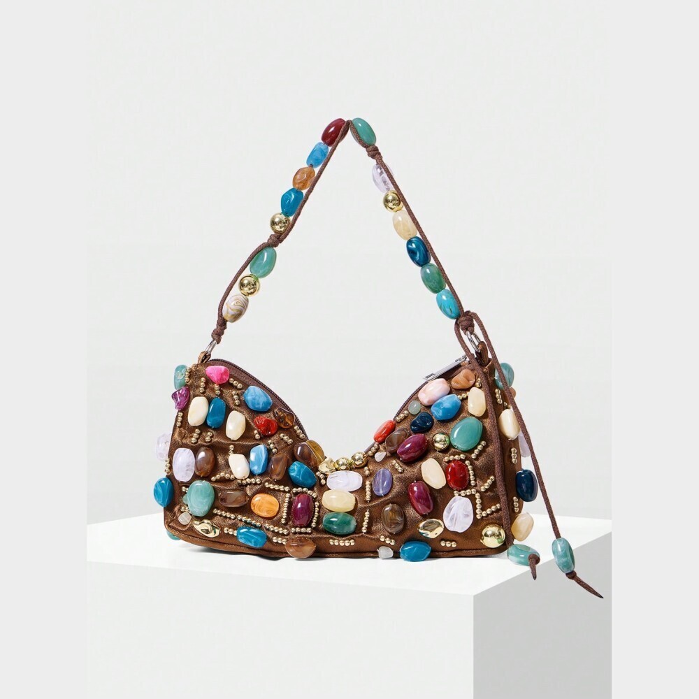 Bronze Jeweled Stone Bead Shoulder Bag